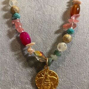Colorful Beaded Necklace with Gold Bee Pendant